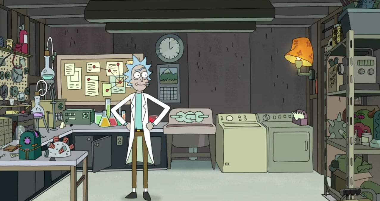 Top image showing the garage of Rick and Morty